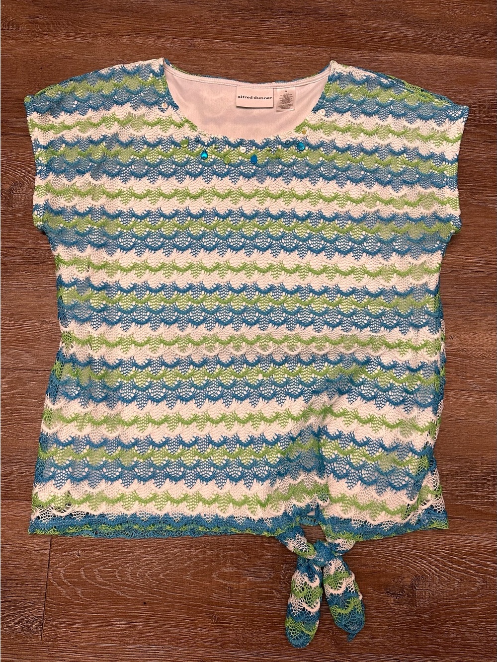 Alfred Dunner Blue White Green Crochet Tie-Front Top